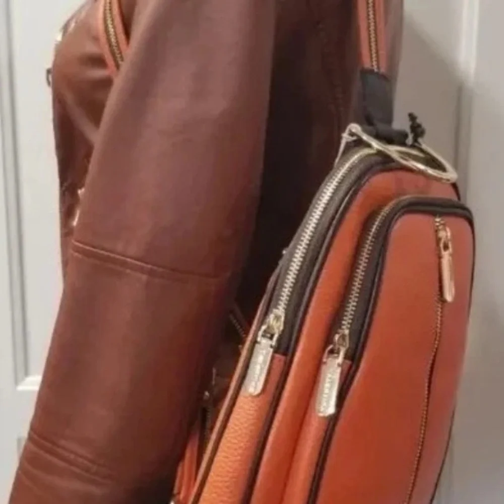 Valentina Italiana Elegant Pebbled Tan and Black Leather Backpack